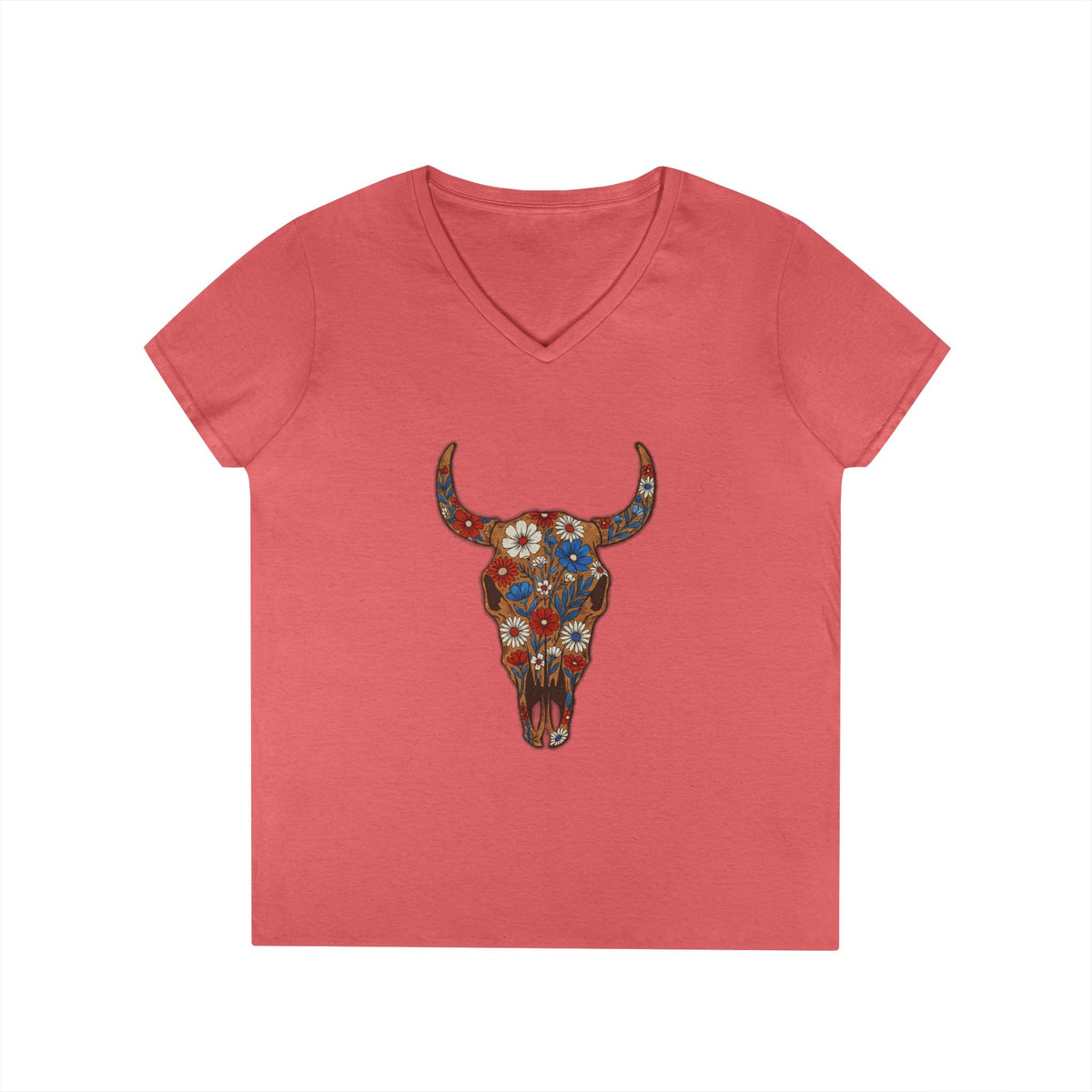 Floral Bull Skull V-Neck Tee