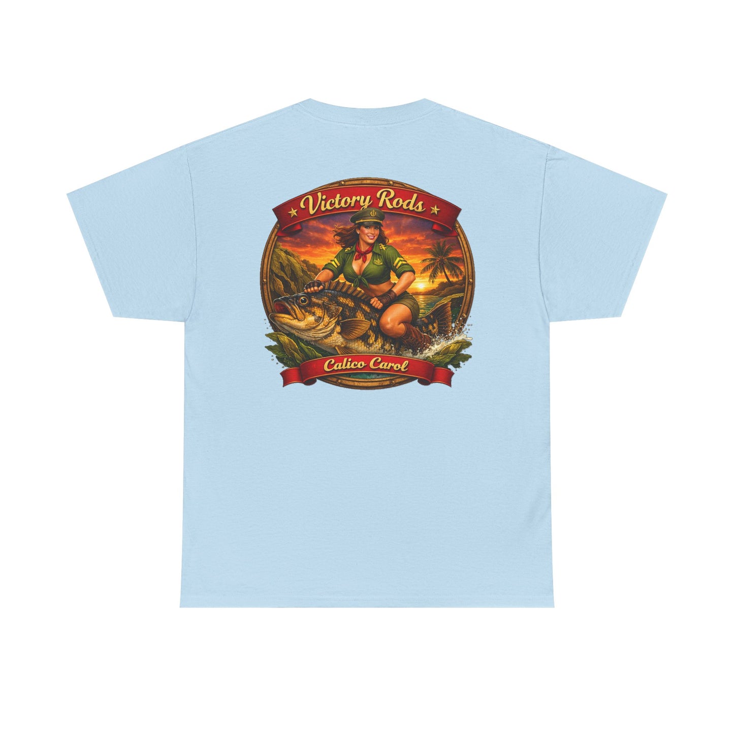 Vintage Pinup Fishing T-Shirt — “Victory Rods” Calico Carol Graphic Tee