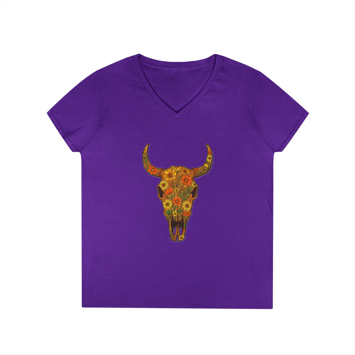 Floral Autumn Colors Bull Skull V-Neck Tee