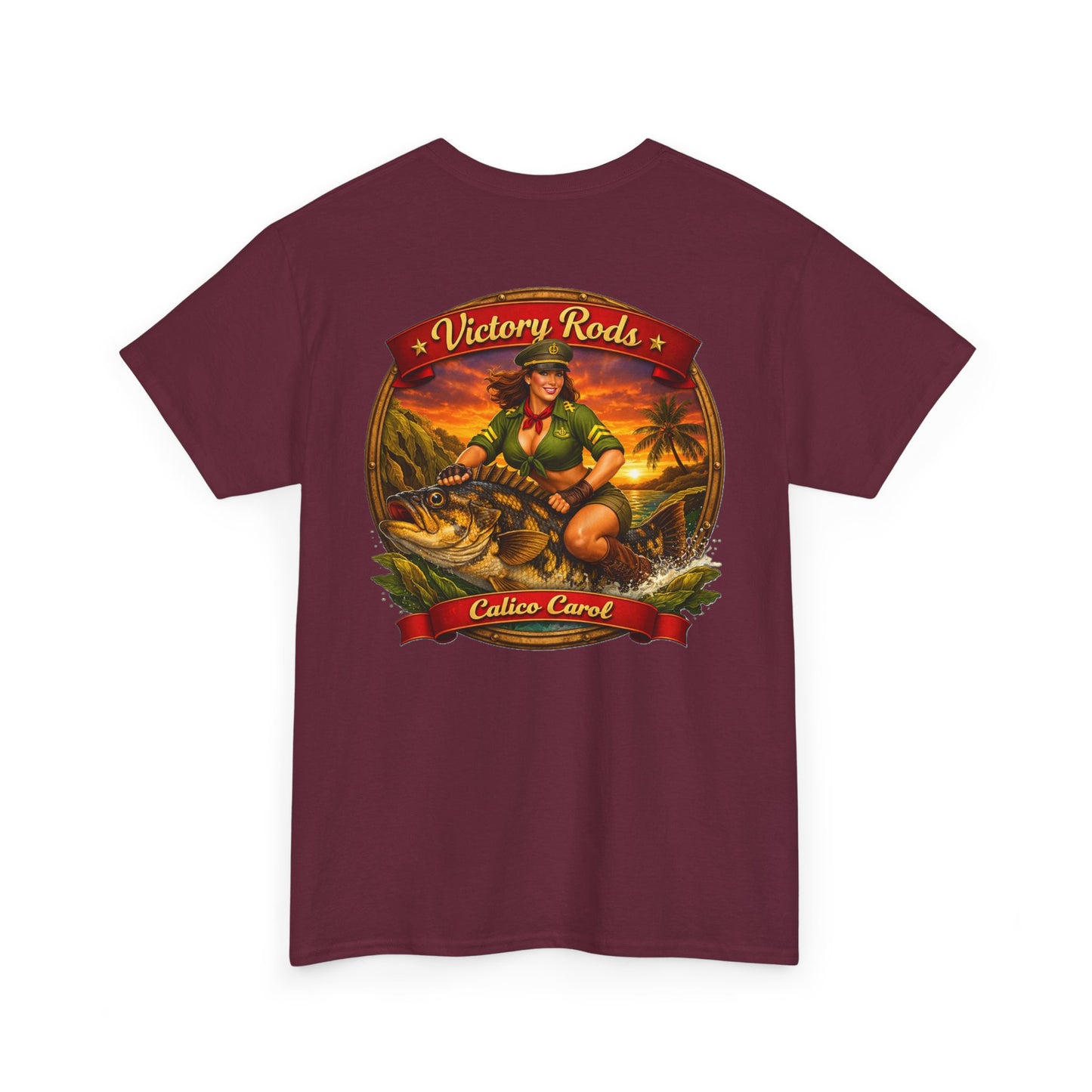 Vintage Pinup Fishing T-Shirt — “Victory Rods” Calico Carol Graphic Tee