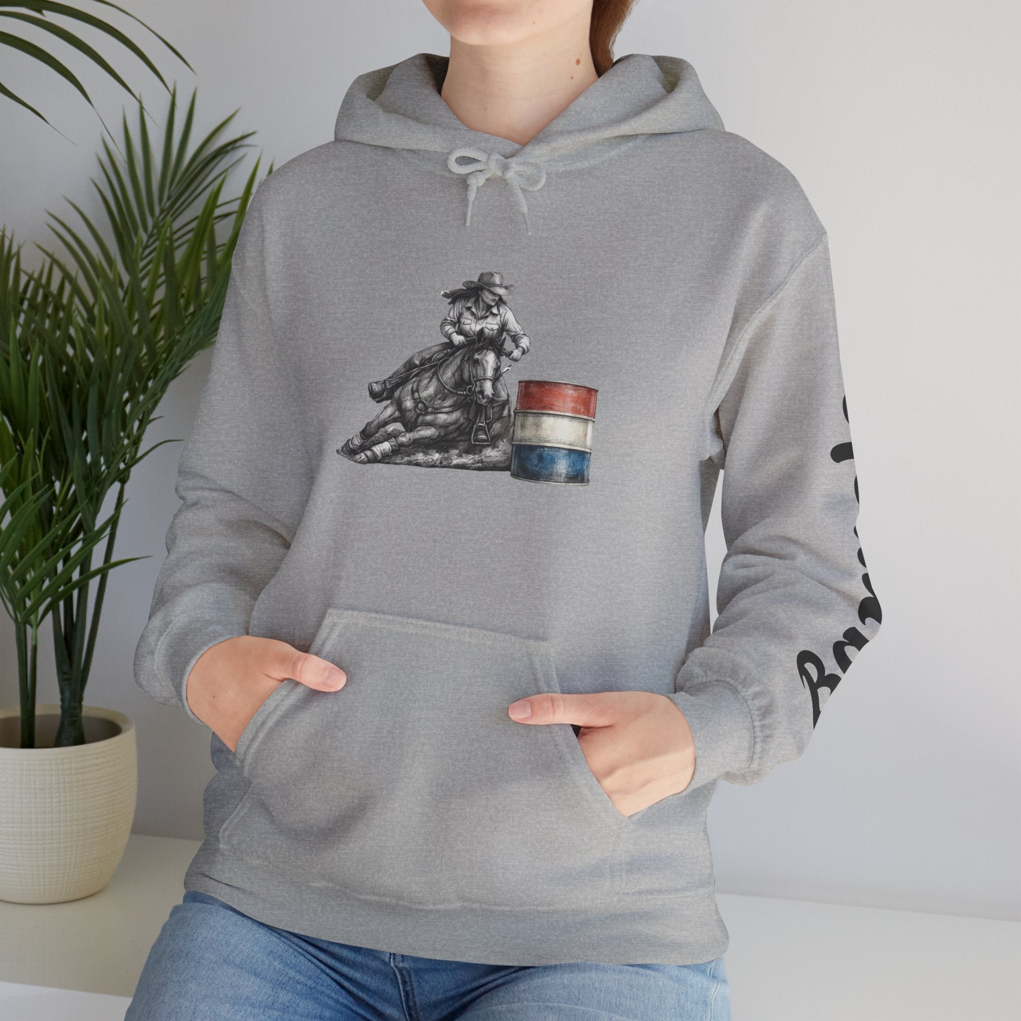 Cowgirl Barrel Racing Hoodie — Western Rodeo Pullover with 'barrels' Sleeve Text