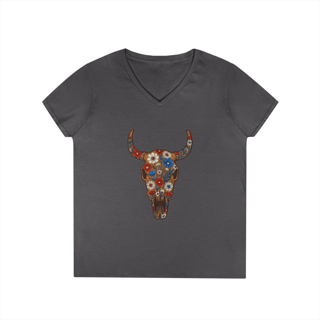 Floral Bull Skull V-Neck Tee