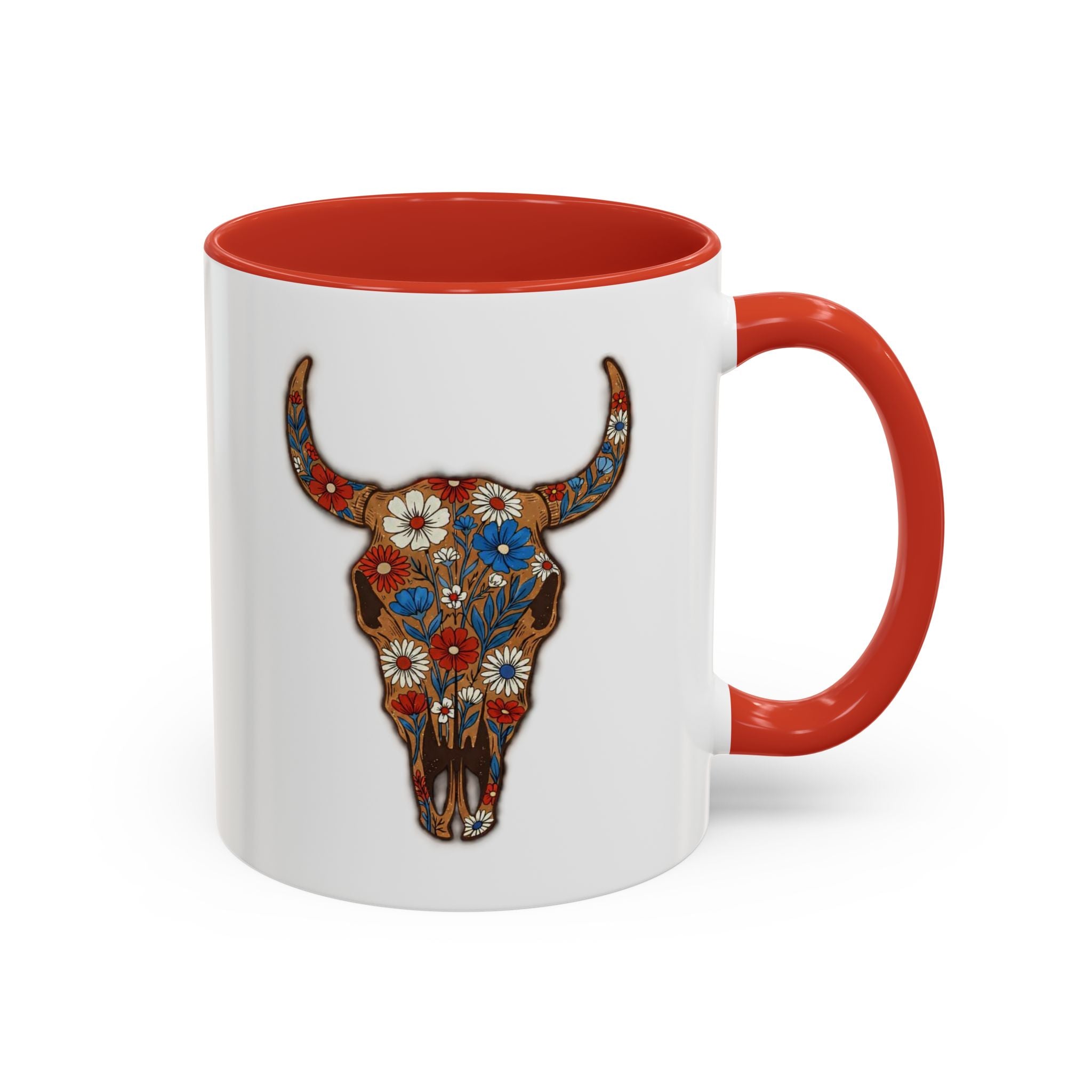Red, White and Blue Floral Bull Skull Coffee Mug — Southwestern Accent 11/15oz