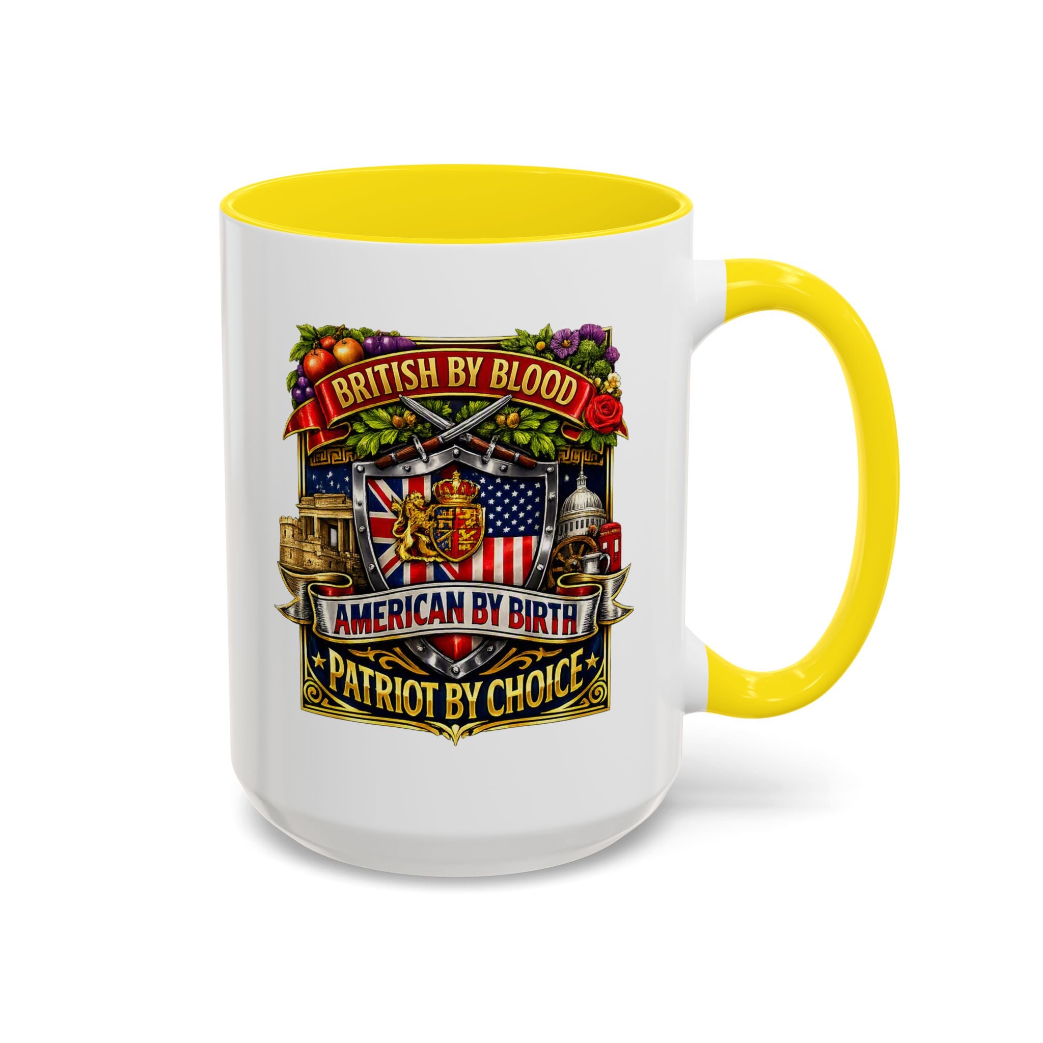 British Pride Coffee Mug — "British by Blood, American by Birth, Patriot by Choice" Patriotic Ceramic Mug