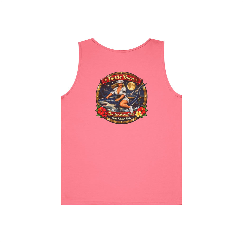 Kona Rods Vintage Pinup Beach Tank Top — 'Thresher Shark Anne' Retro WWII Nose Art