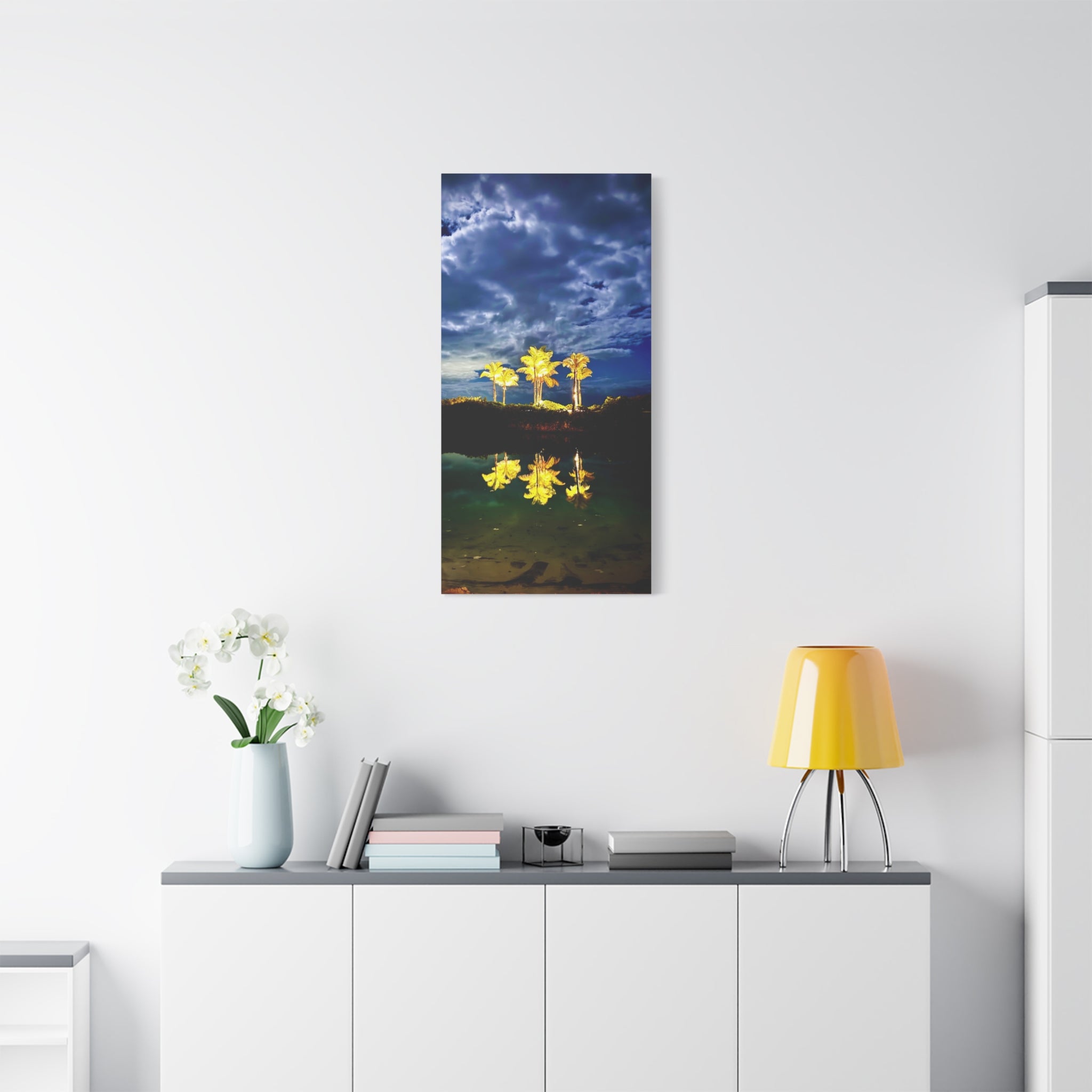 Palm Tree Reflection Matte Canvas Wall Art — Quanta Roo, Tropical Evening