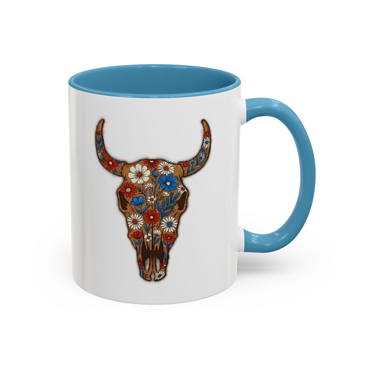 Red, White and Blue Floral Bull Skull Coffee Mug — Southwestern Accent 11/15oz