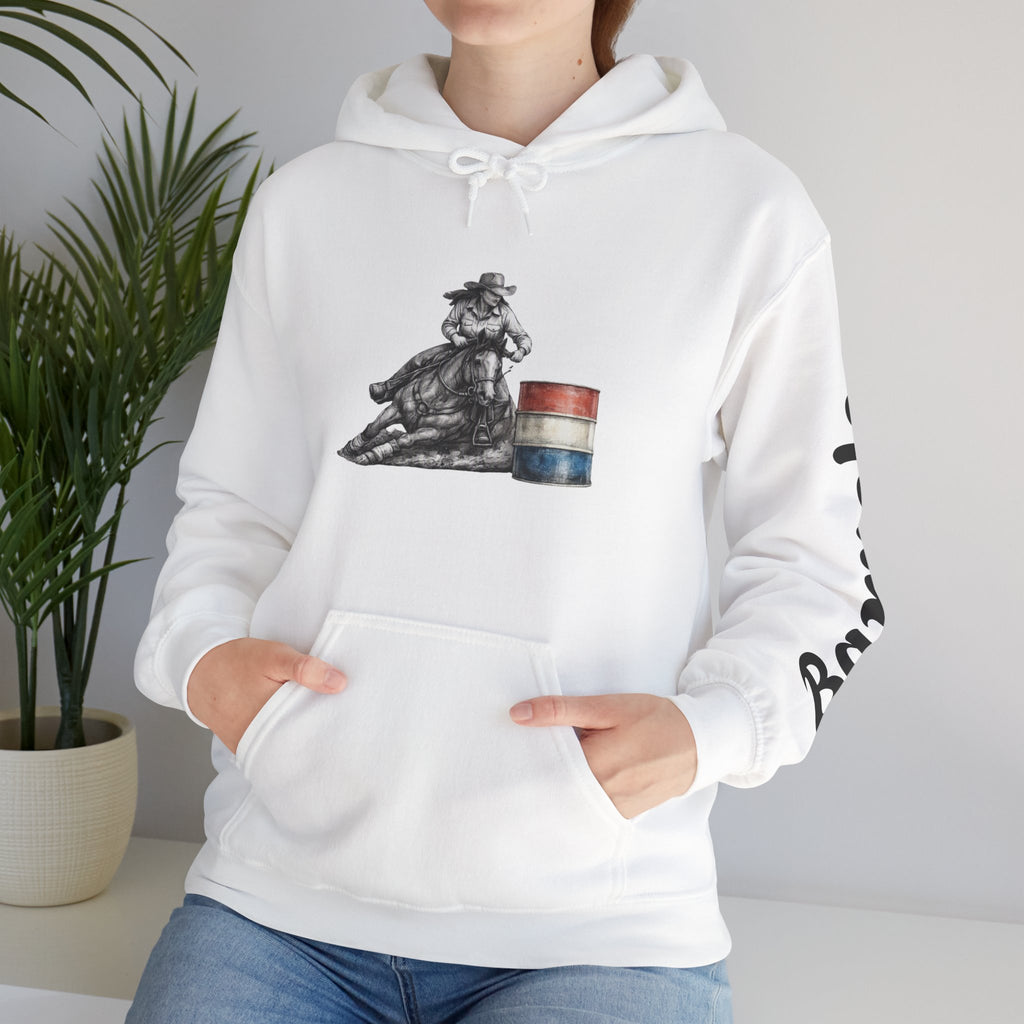 Cowgirl Barrel Racing Hoodie — Western Rodeo Pullover with 'barrels' Sleeve Text