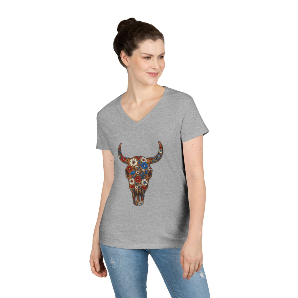 Floral Bull Skull V-Neck Tee