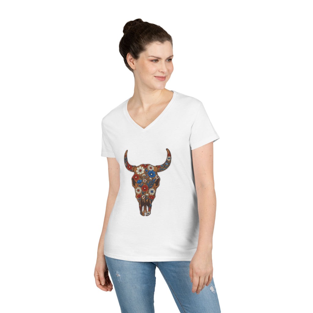 Floral Bull Skull V-Neck Tee