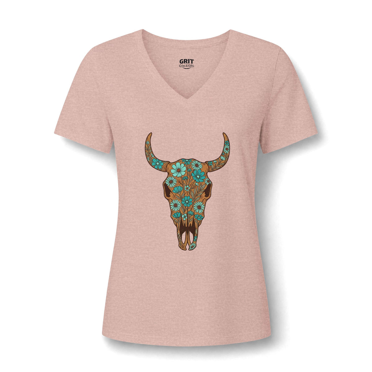 Women's V-Neck Tee — Floral Turquoise Bull Skull Graphic