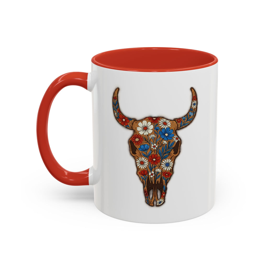 Red, White and Blue Floral Bull Skull Coffee Mug — Southwestern Accent 11/15oz