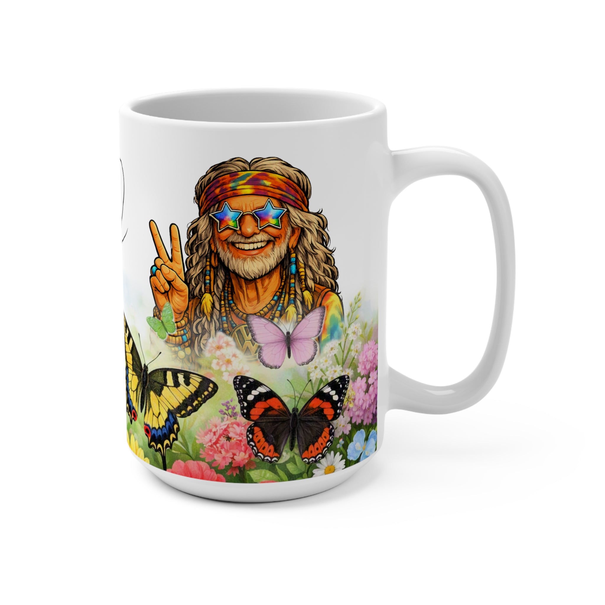 15oz Me & Ma Hippie Mug — Peace Sign, Butterflies & Flower Garden Coffee Cup