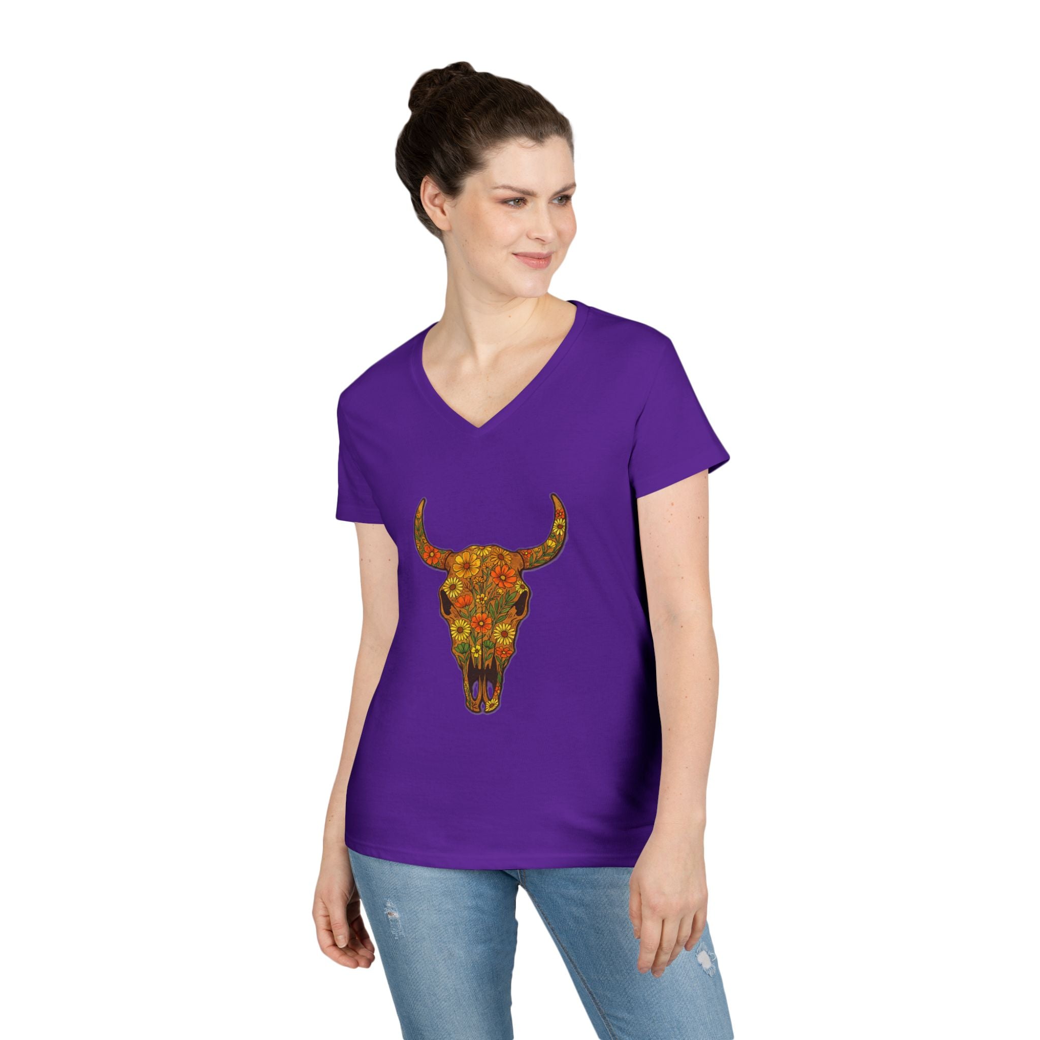 Floral Autumn Colors Bull Skull V-Neck Tee