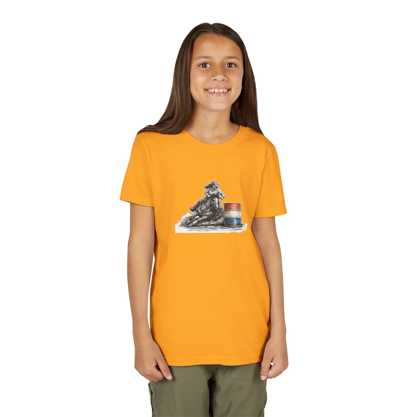 Youth Tee — Rodeo Cowgirl with Patriotic Barrel Graphic