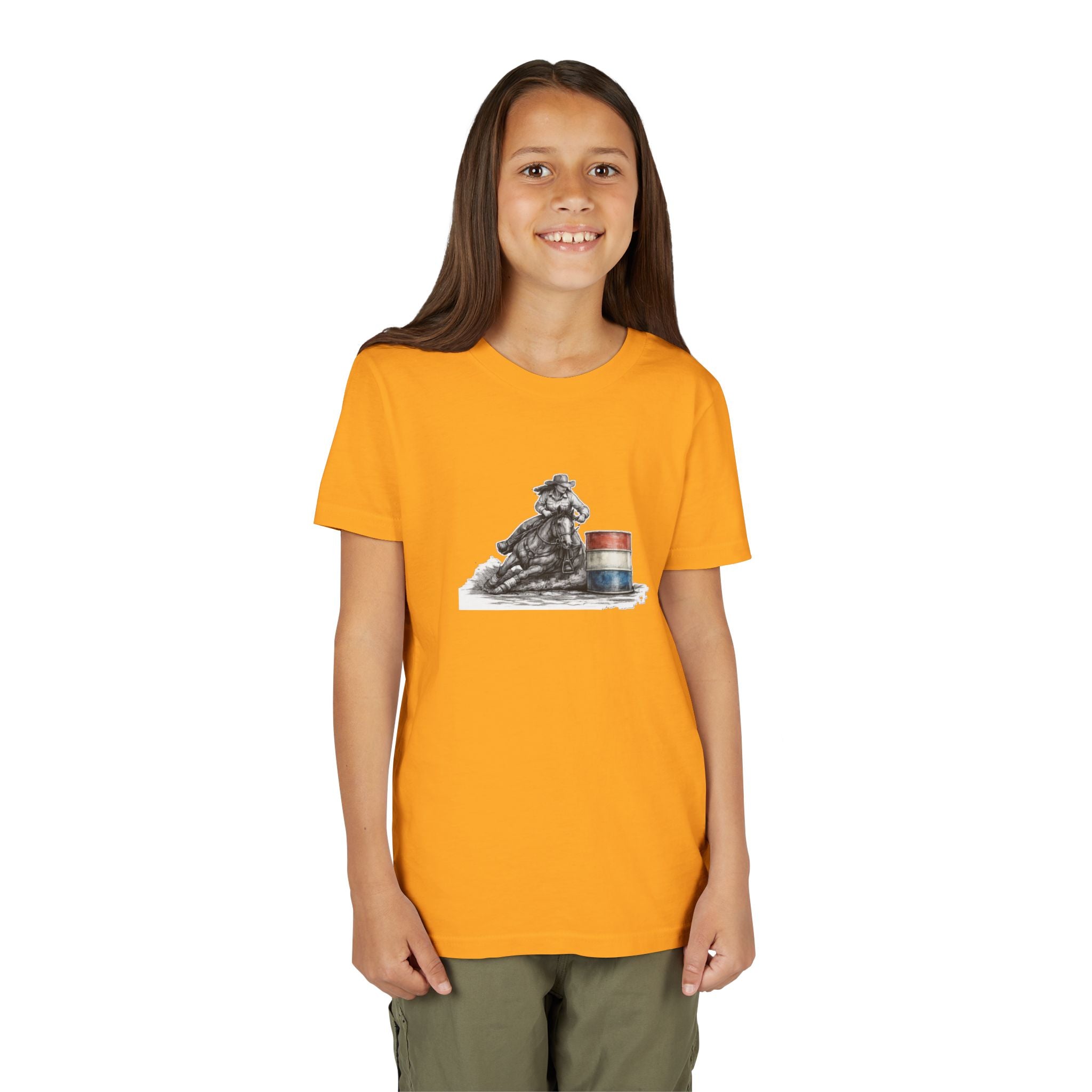 Youth Tee — Rodeo Cowgirl with Patriotic Barrel Graphic