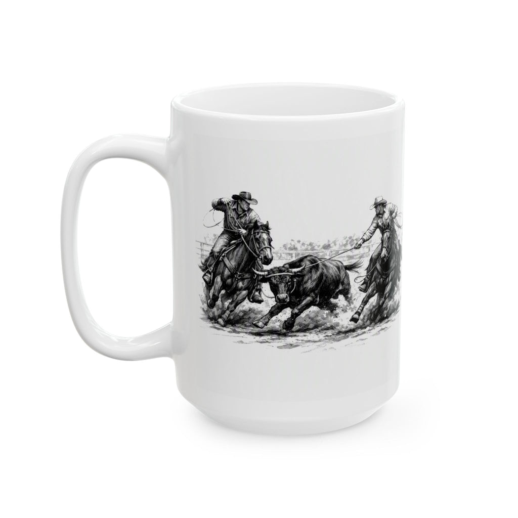 Team Ropers Rodeo Vintage Sketch Ceramic Mug – Western Coffee Cup (11oz & 15oz)