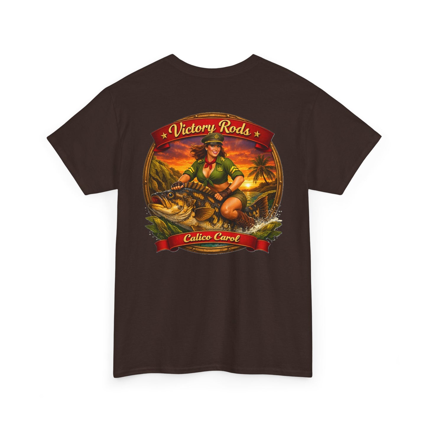 Vintage Pinup Fishing T-Shirt — “Victory Rods” Calico Carol Graphic Tee