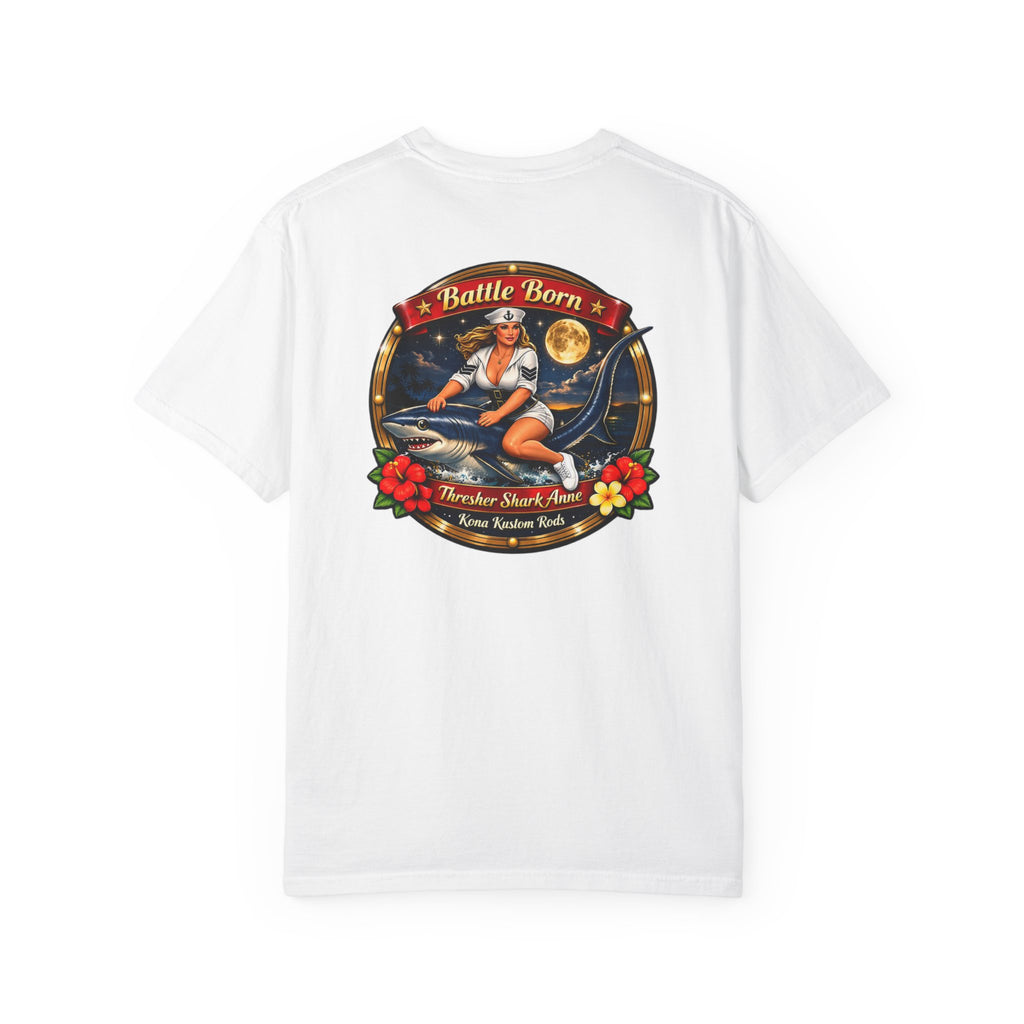 Thresher Shark T-Shirt — Kona Rods "Battle Born" Vintage Pinup Graphic