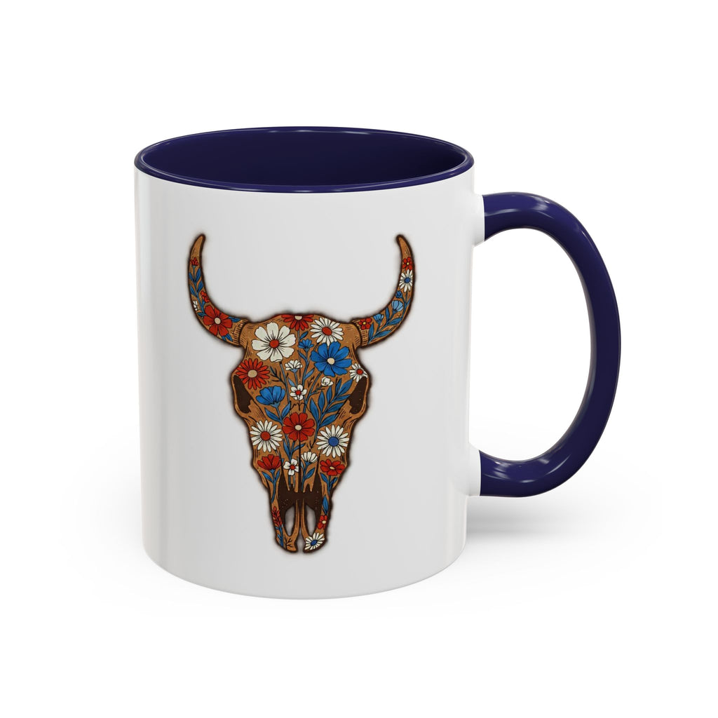 Red, White and Blue Floral Bull Skull Coffee Mug — Southwestern Accent 11/15oz