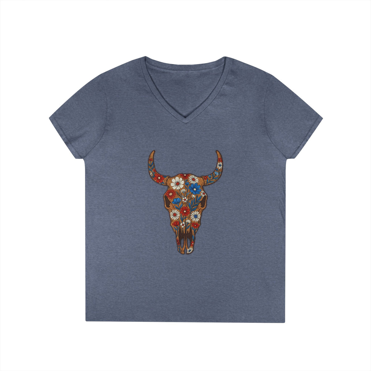 Floral Bull Skull V-Neck Tee