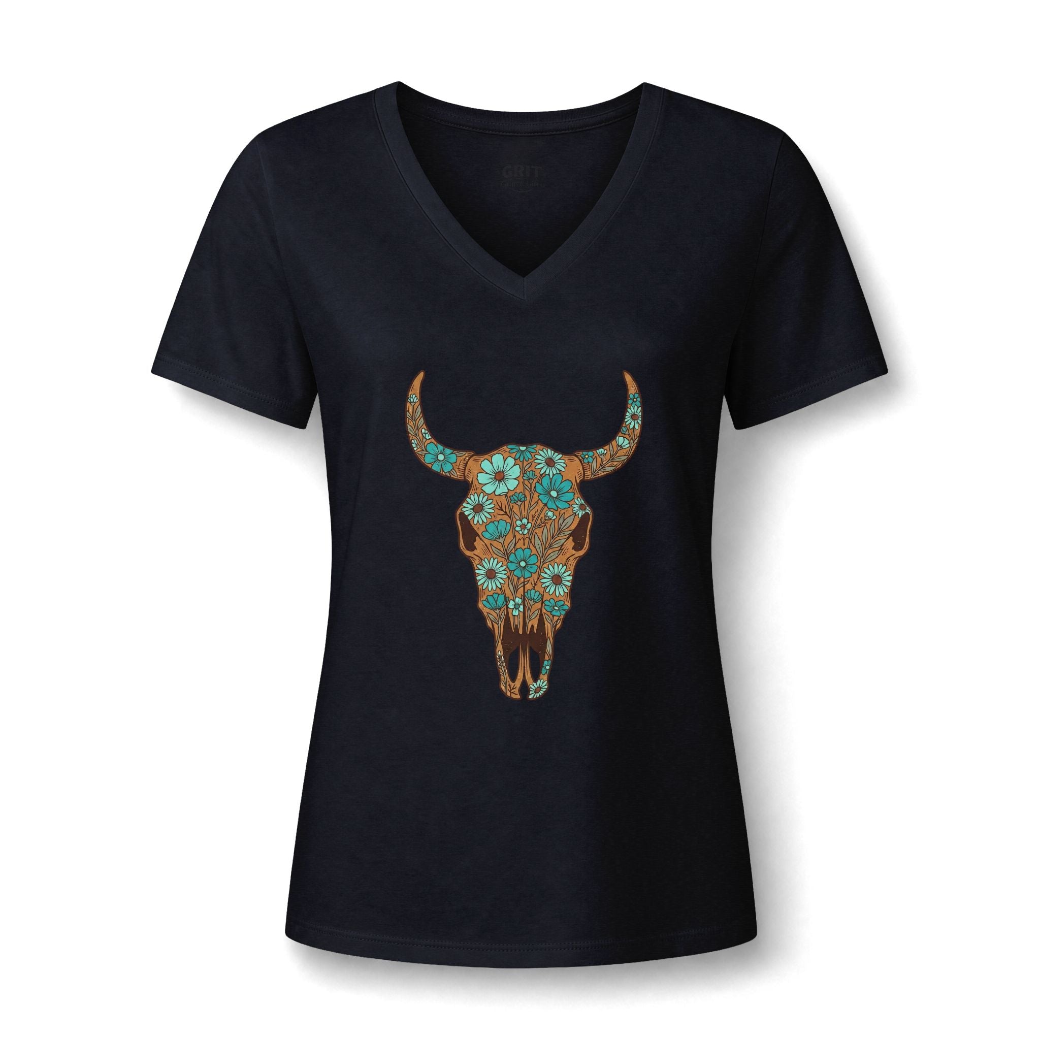 Women's V-Neck Tee — Floral Turquoise Bull Skull Graphic