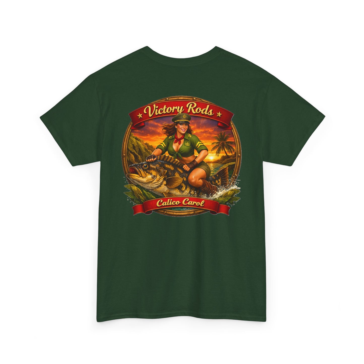 Vintage Pinup Fishing T-Shirt — “Victory Rods” Calico Carol Graphic Tee