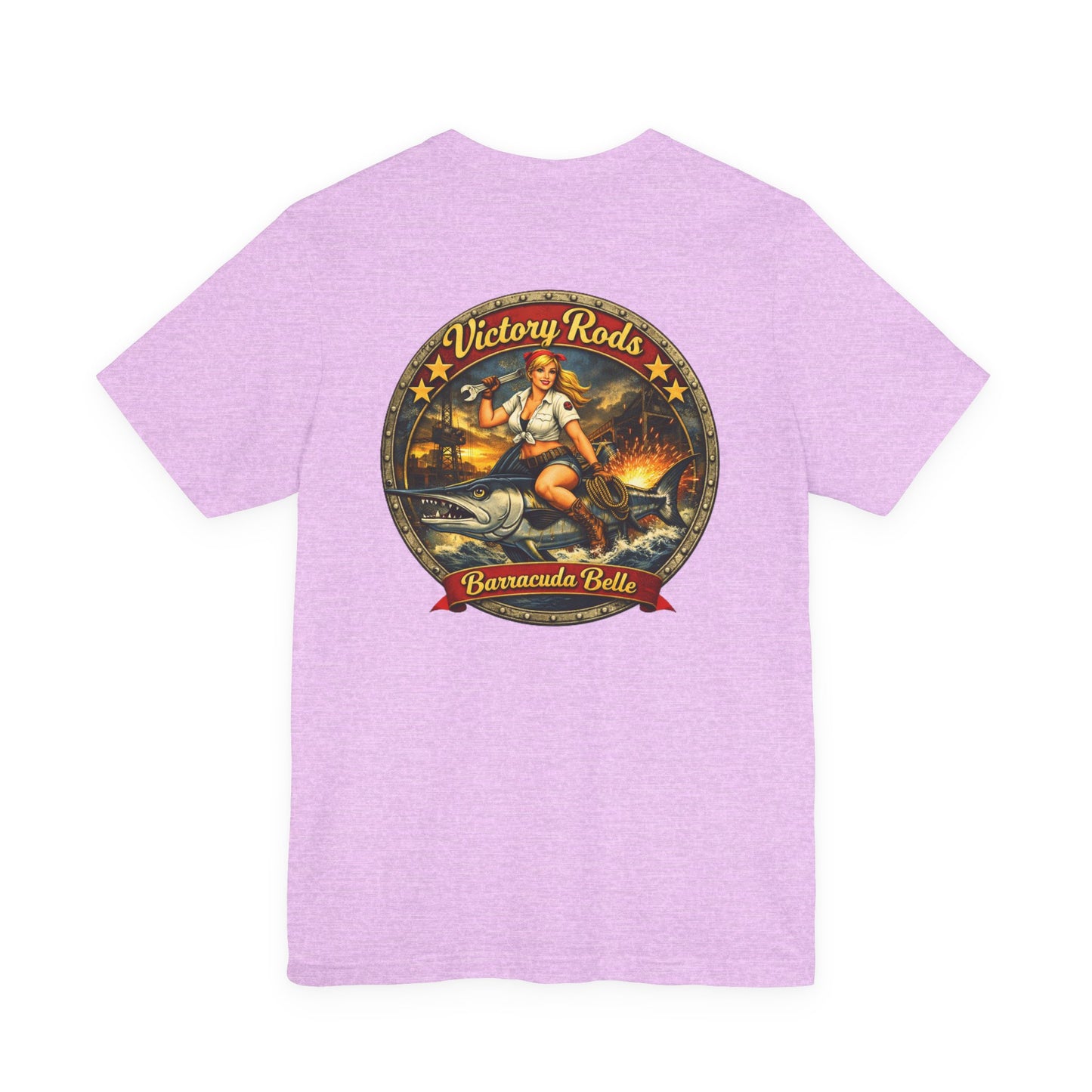 Barracuda Belle Vintage Pinup Tee — Victory Rods Motorcycle T‑Shirt