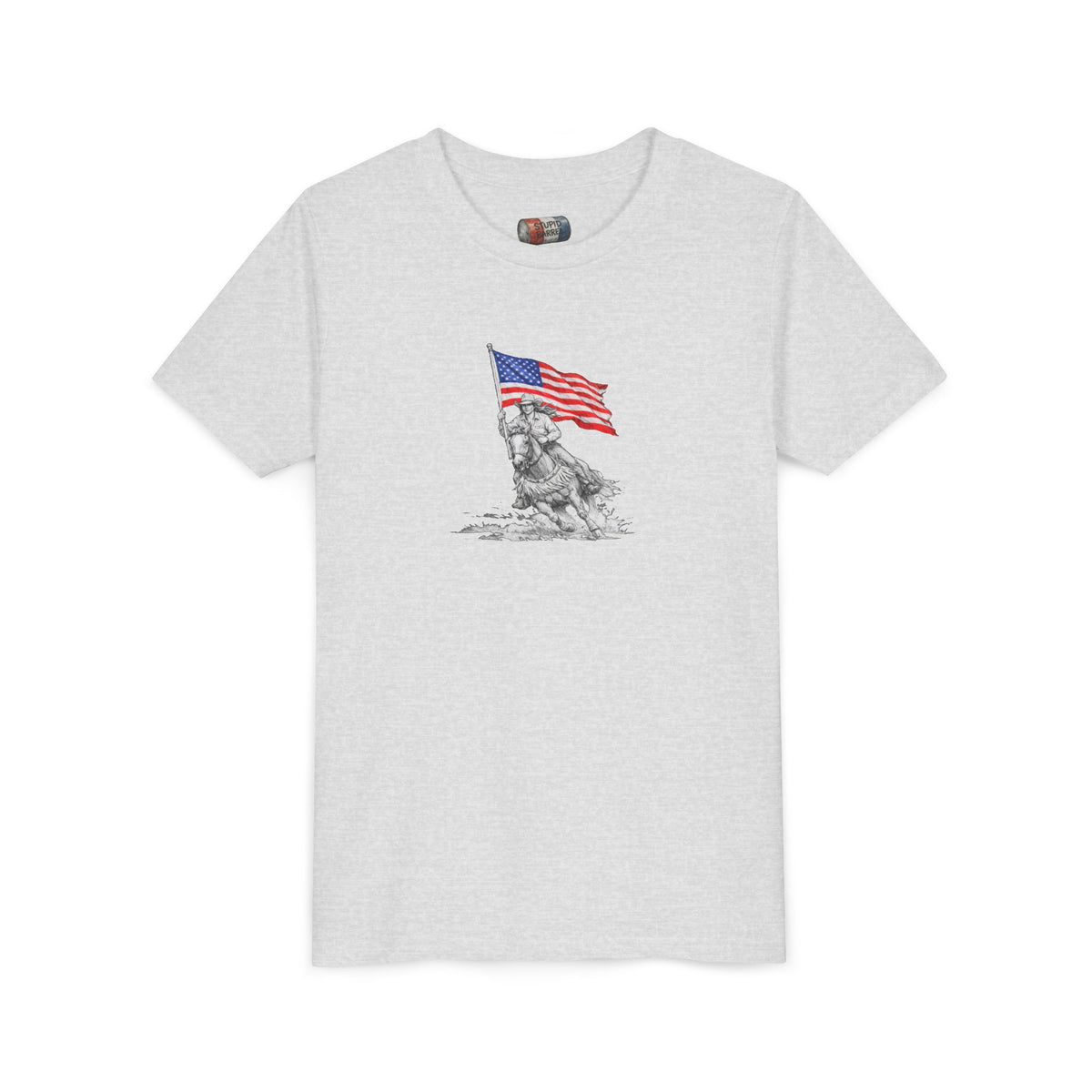 Youth Tee — Rodeo Barrel Racer with Patriotic Barrel Graphic