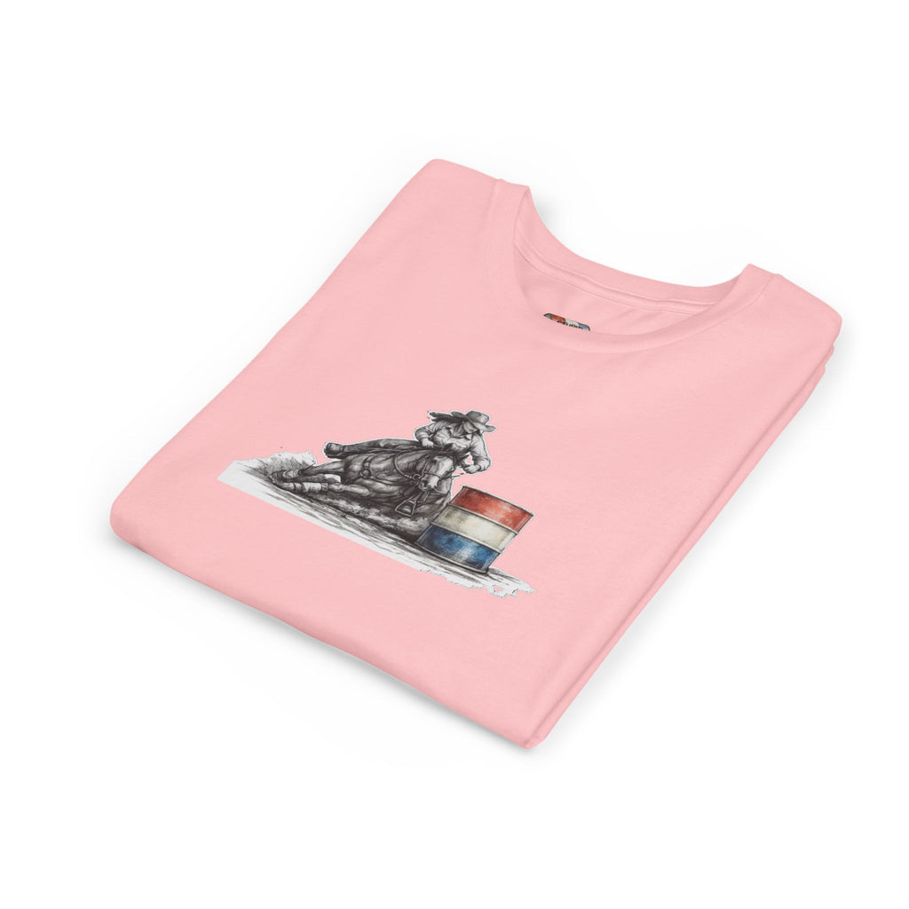 Youth Tee — Rodeo Cowgirl with Patriotic Barrel Graphic