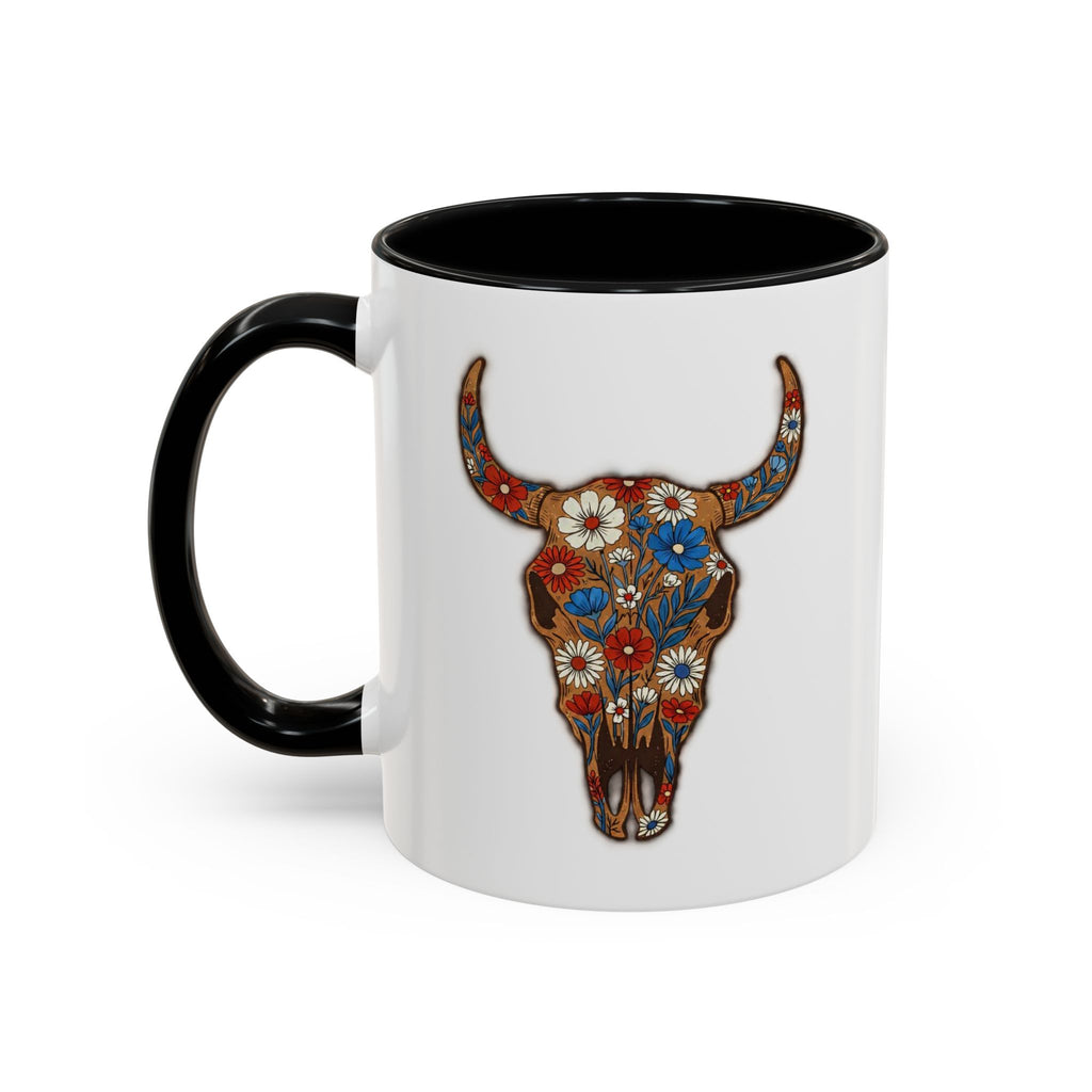 Red, White and Blue Floral Bull Skull Coffee Mug — Southwestern Accent 11/15oz