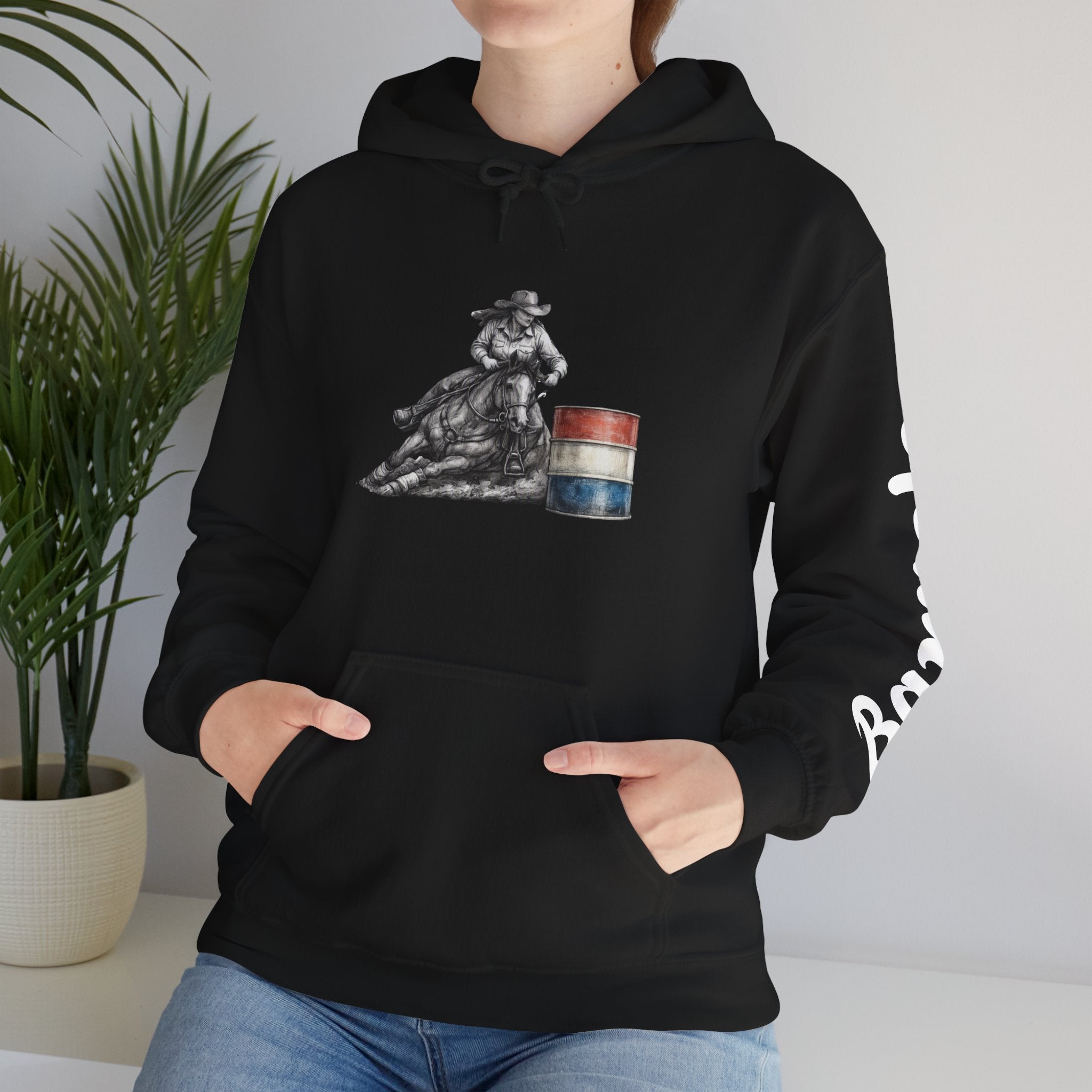 Cowgirl Barrel Racing Hoodie — Western Rodeo Pullover with 'barrels' Sleeve Text