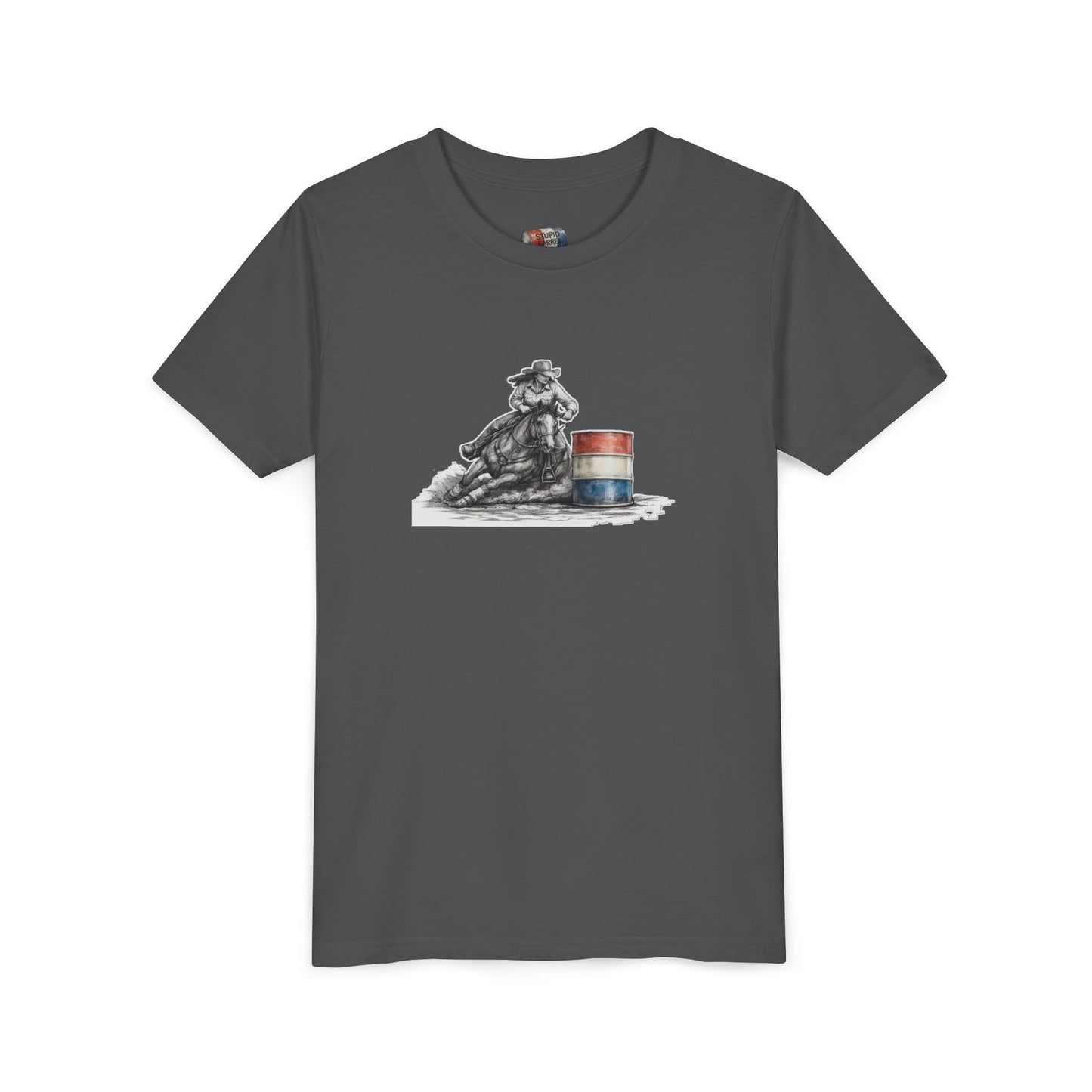 Youth Tee — Rodeo Cowgirl with Patriotic Barrel Graphic