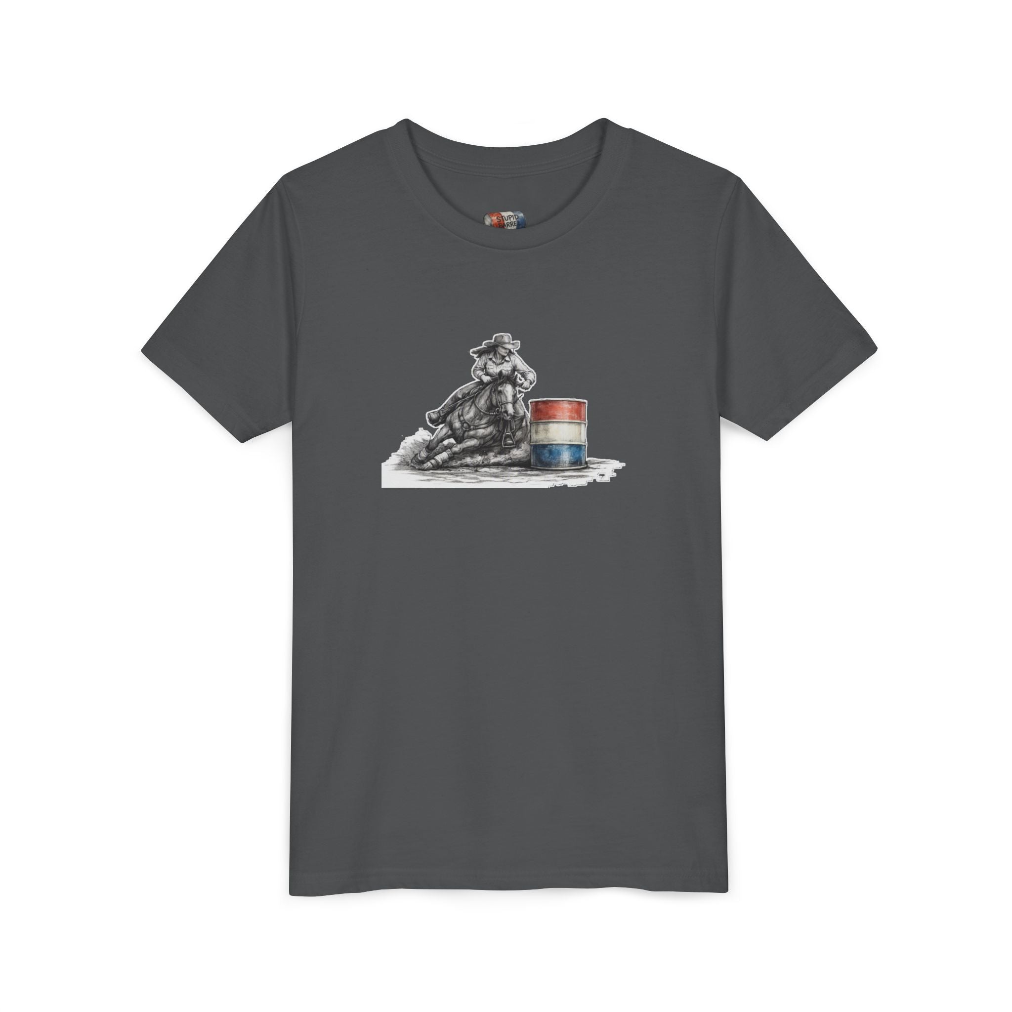 Youth Tee — Rodeo Cowgirl with Patriotic Barrel Graphic