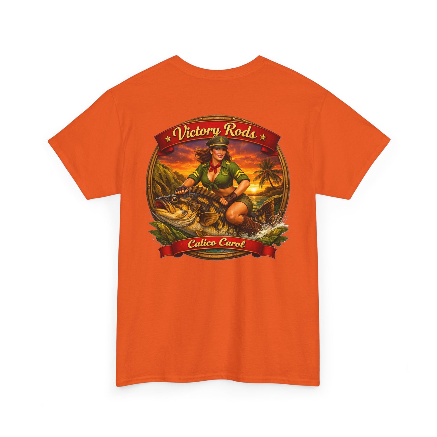 Vintage Pinup Fishing T-Shirt — “Victory Rods” Calico Carol Graphic Tee