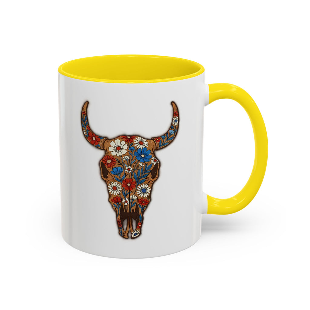 Red, White and Blue Floral Bull Skull Coffee Mug — Southwestern Accent 11/15oz