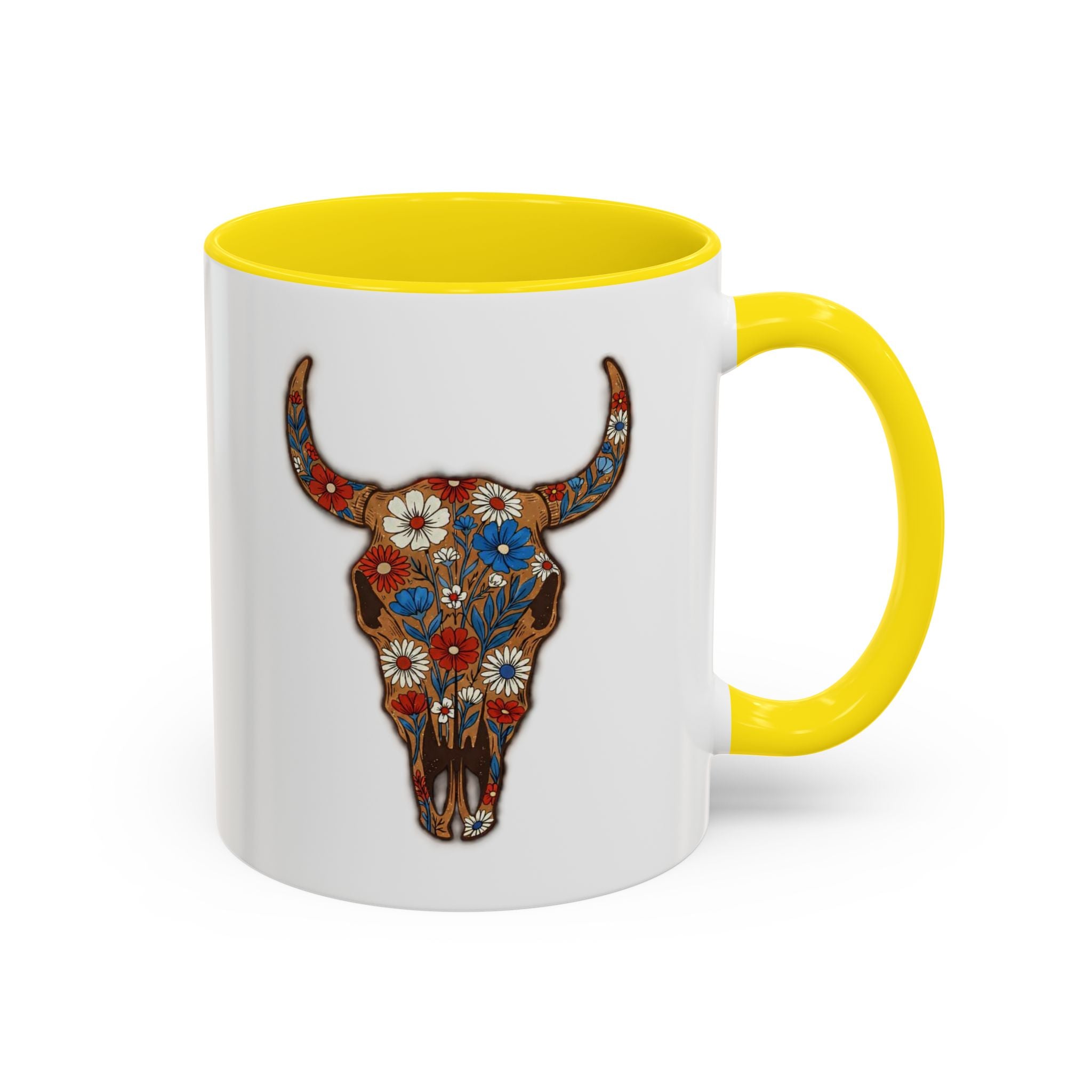 Red, White and Blue Floral Bull Skull Coffee Mug — Southwestern Accent 11/15oz