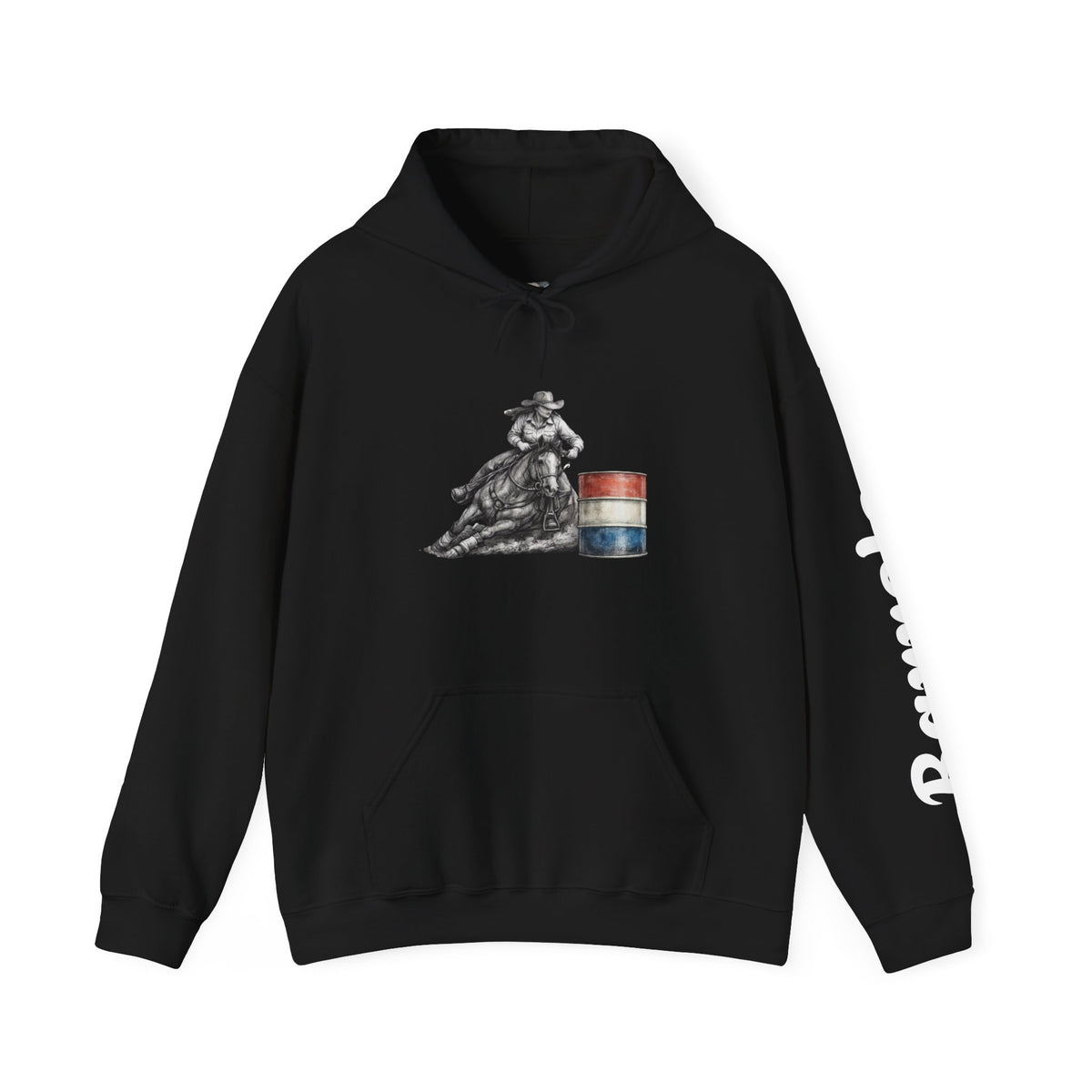 Cowgirl Barrel Racing Hoodie — Western Rodeo Pullover with 'barrels' Sleeve Text