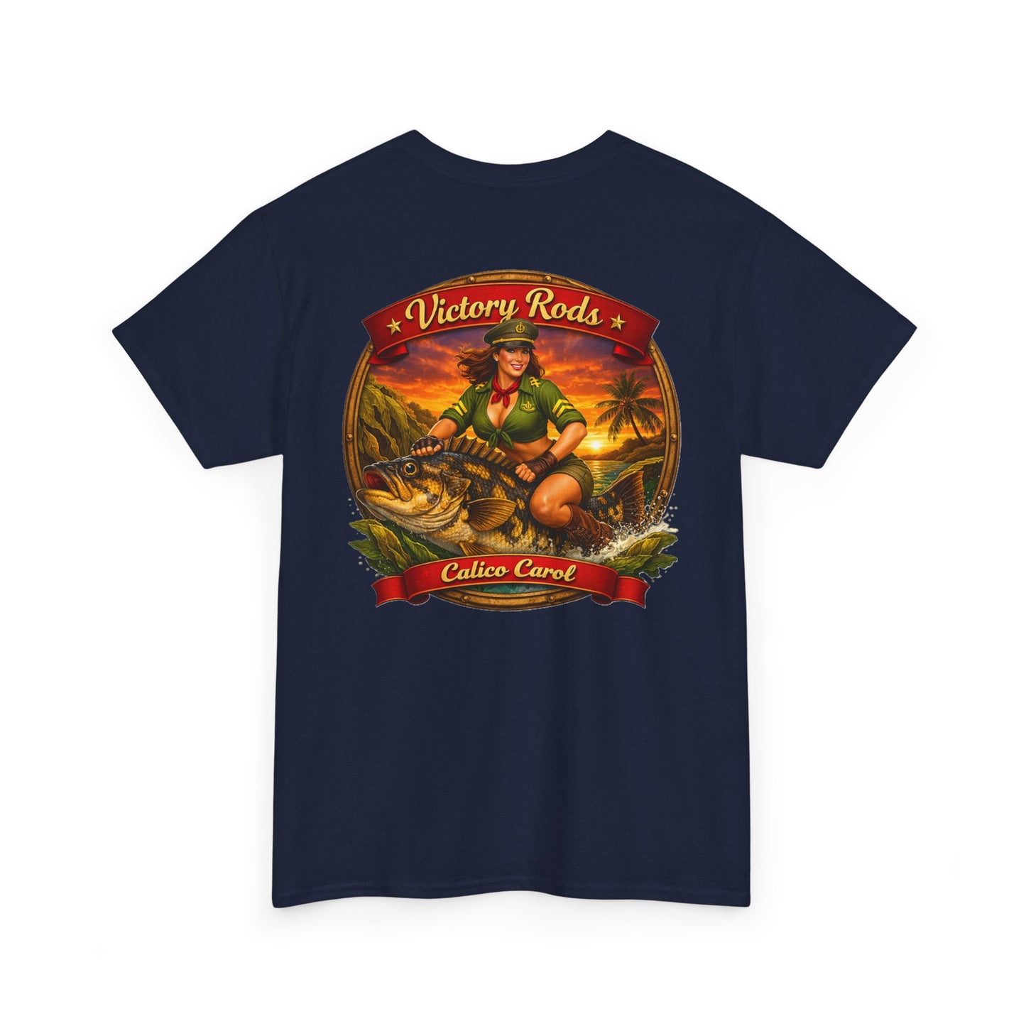 Vintage Pinup Fishing T-Shirt — “Victory Rods” Calico Carol Graphic Tee
