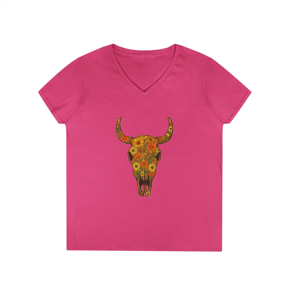 Floral Autumn Colors Bull Skull V-Neck Tee