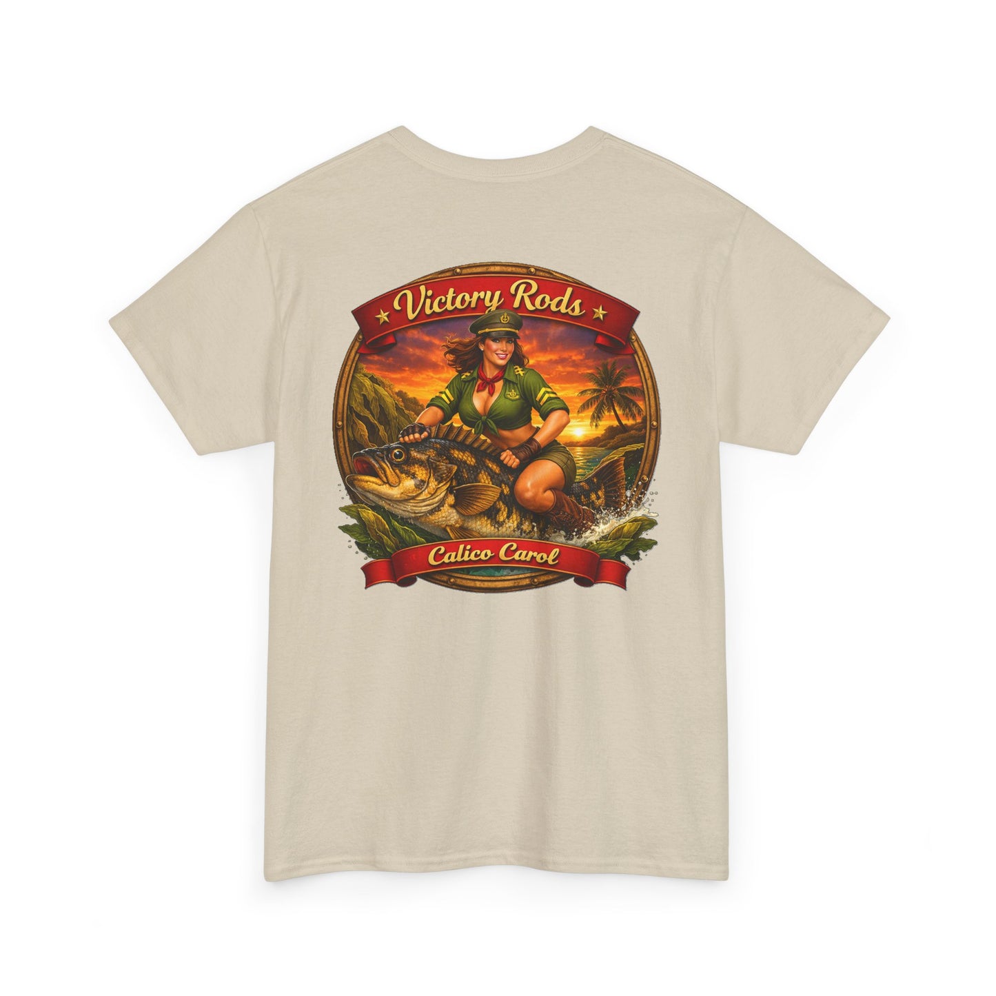Vintage Pinup Fishing T-Shirt — “Victory Rods” Calico Carol Graphic Tee