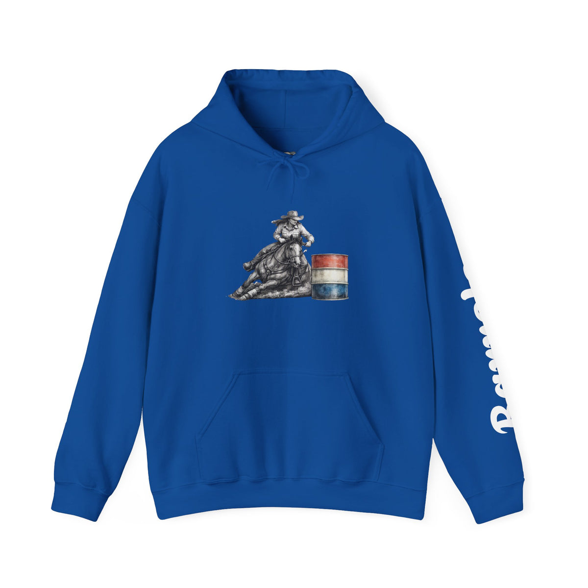 Cowgirl Barrel Racing Hoodie — Western Rodeo Pullover with 'barrels' Sleeve Text