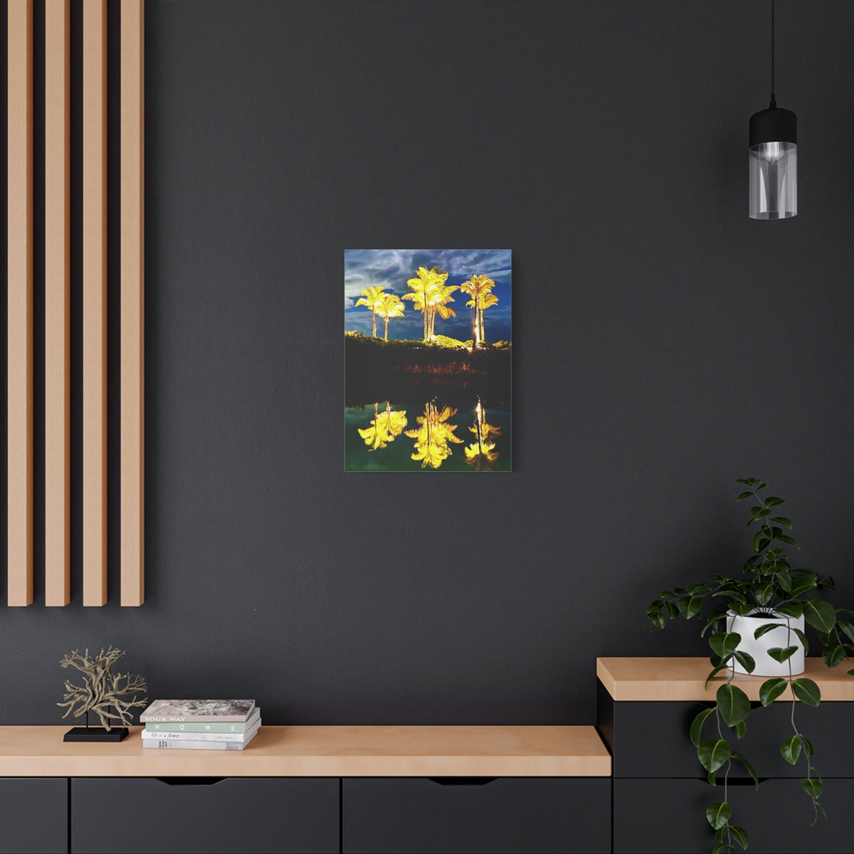 Palm Tree Reflection Matte Canvas Wall Art — Quanta Roo, Tropical Evening