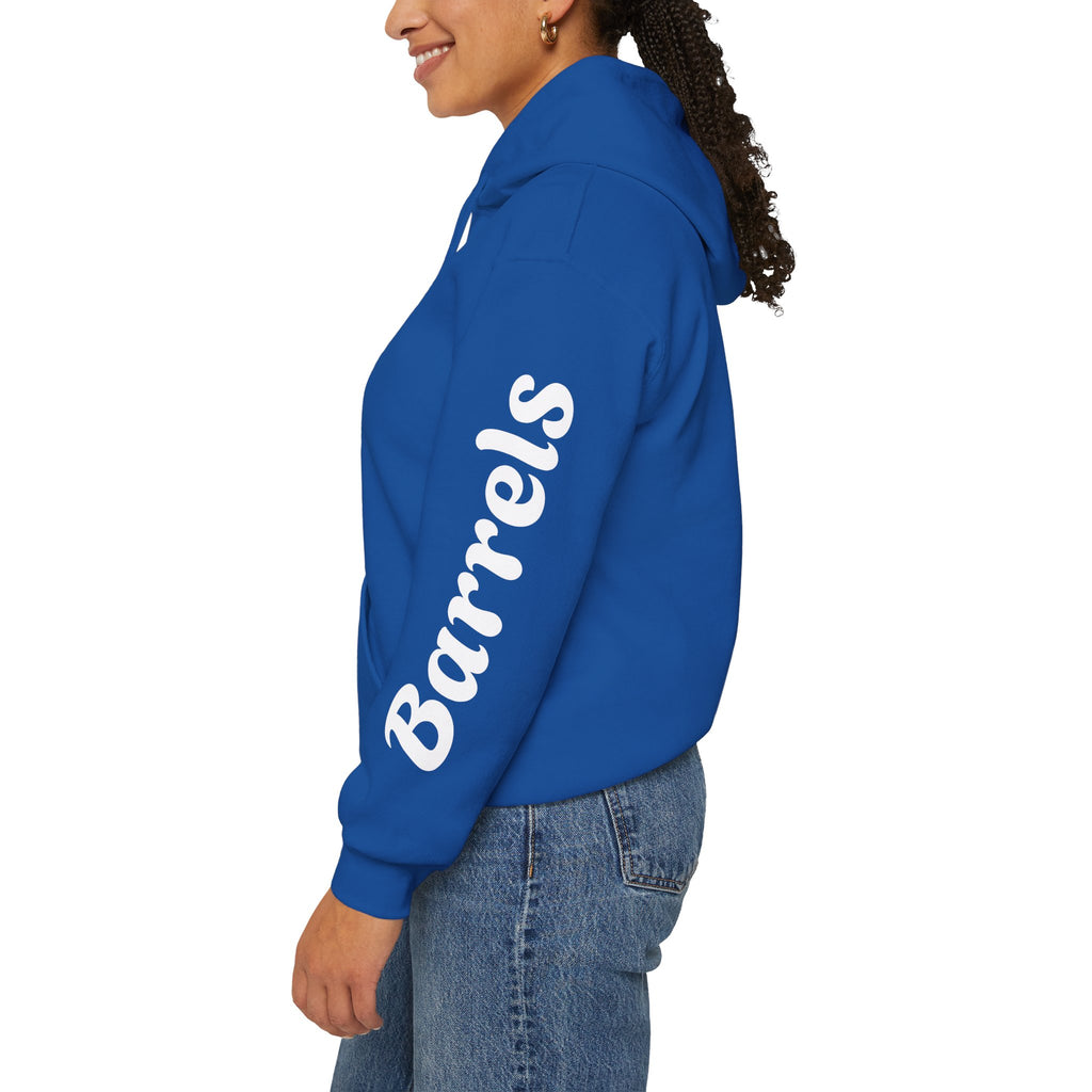 Cowgirl Barrel Racing Hoodie — Western Rodeo Pullover with 'barrels' Sleeve Text
