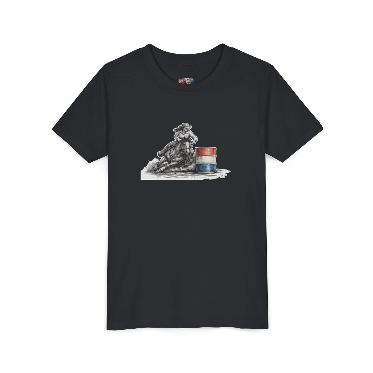 Youth Tee — Rodeo Cowgirl with Patriotic Barrel Graphic