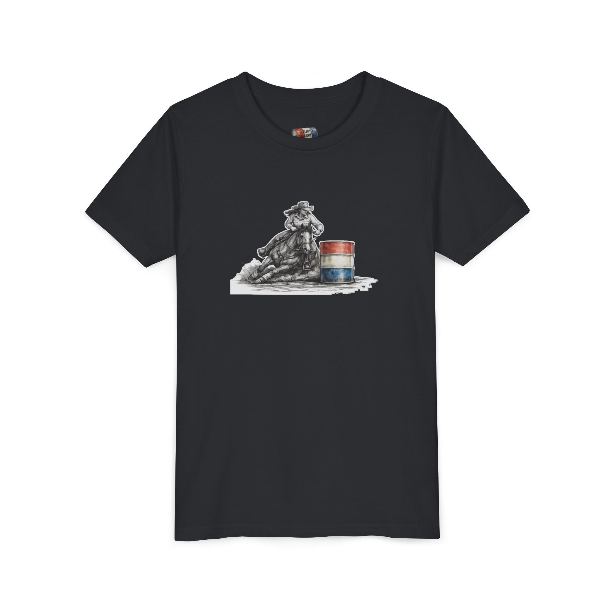 Youth Tee — Rodeo Cowgirl with Patriotic Barrel Graphic