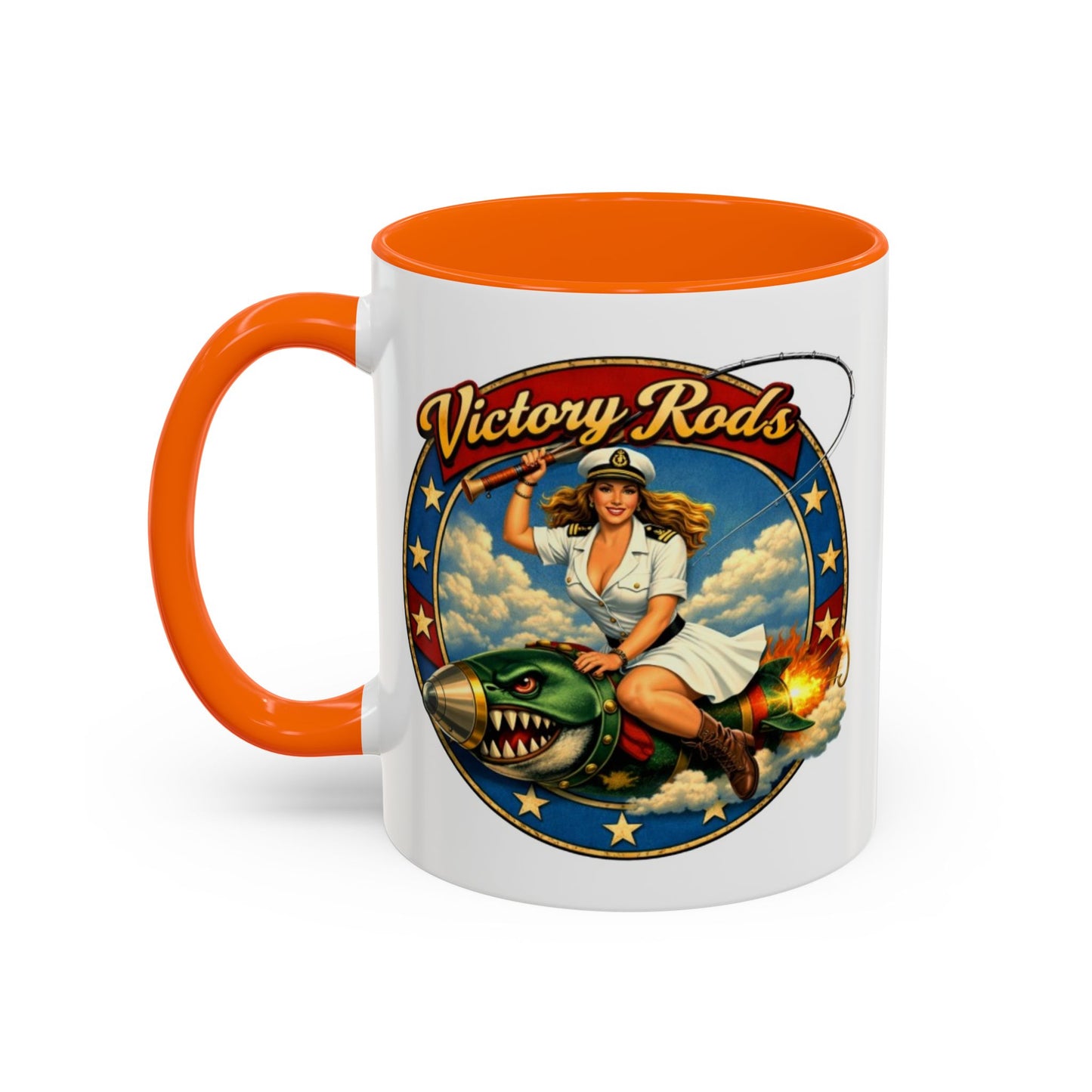 Victory Rods Sportfisherman's WWII Nose Art Pin-Up Illustration Mug | Ceramic Coffee Cup