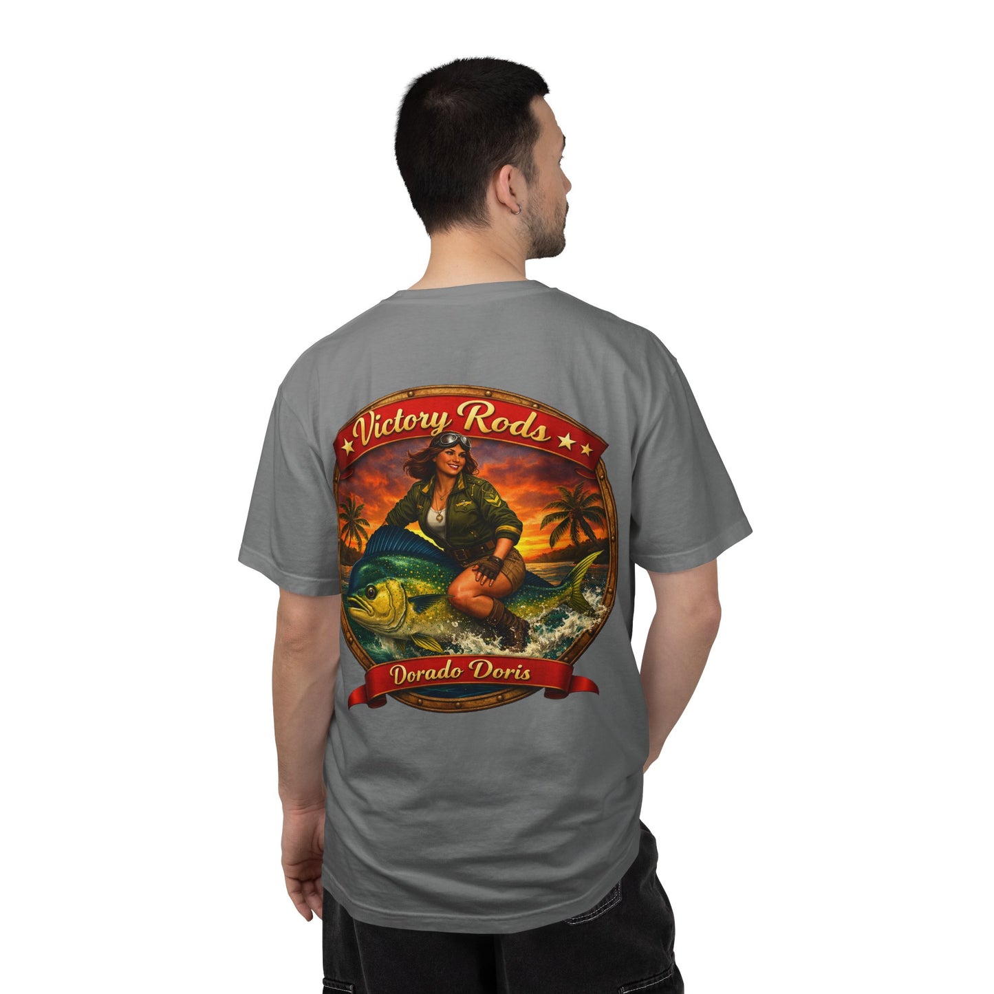 Victory Rods "Dorado Doris" Fishing T-Shirt — Retro Pinup Angler Tee