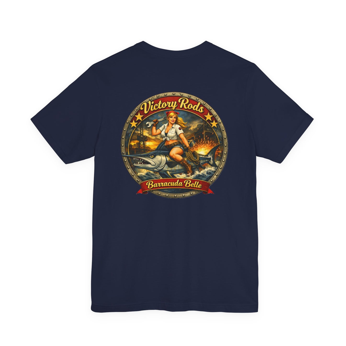 Barracuda Belle Vintage Pinup Tee — Victory Rods Motorcycle T‑Shirt
