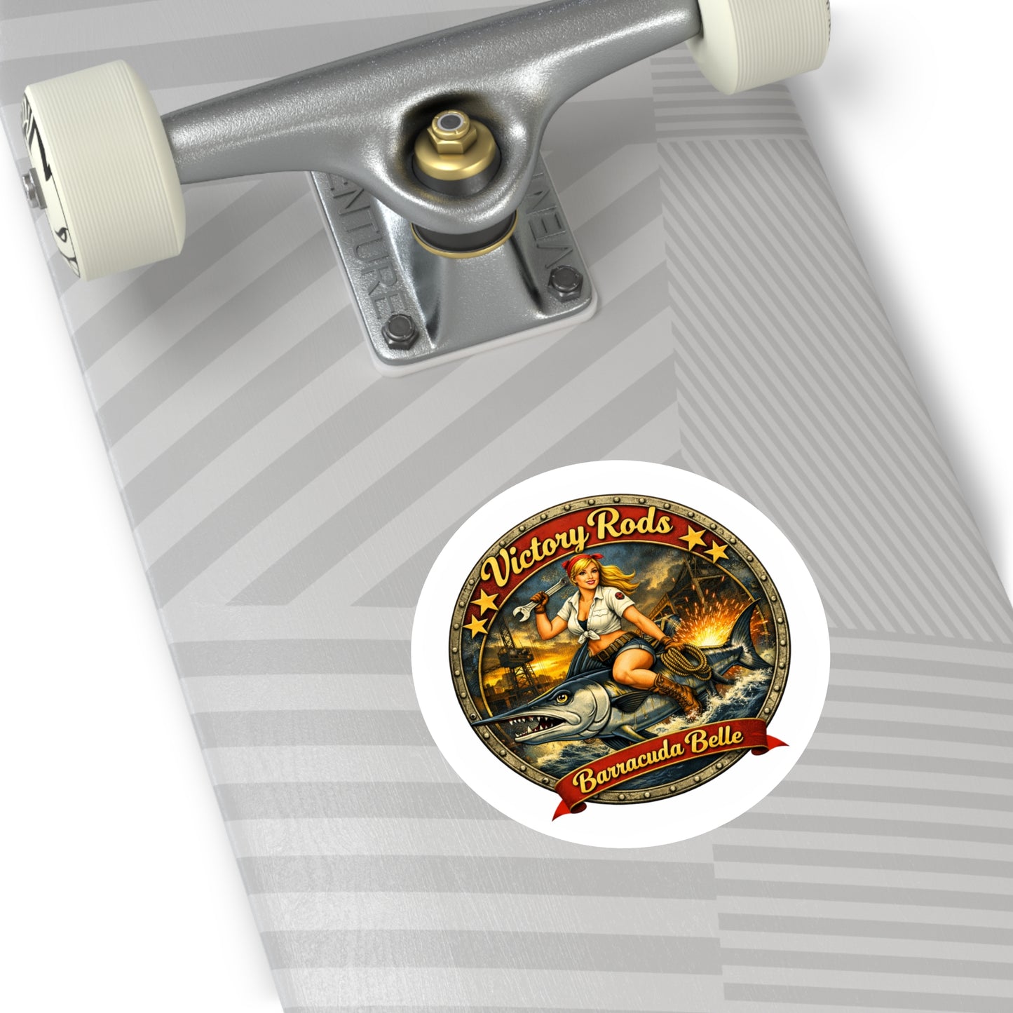 Barracuda Belle Round Sticker — Vintage Pin-Up Fishing Logo (Indoor/Outdoor)